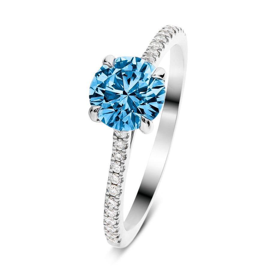 Amelia Blue Lab Diamond Round Side Stone Engagement Ring 0.75ct 18k White Gold - After Diamonds