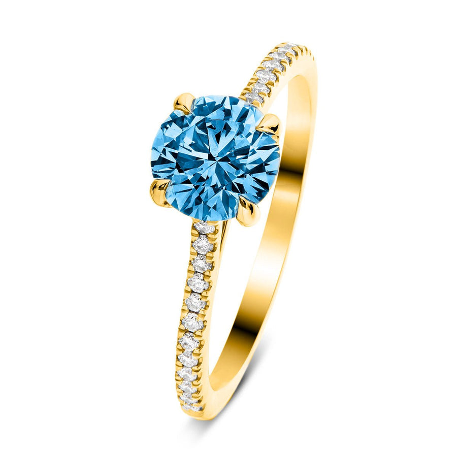Amelia Blue Lab Diamond Round Side Stone Engagement Ring 1.25ct 18k Yellow Gold - After Diamonds