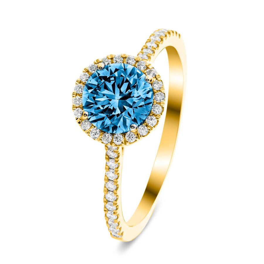 Elsie Blue Lab Round Diamond Halo Engagement Ring 1.75ct in 18k Yellow Gold - After Diamonds