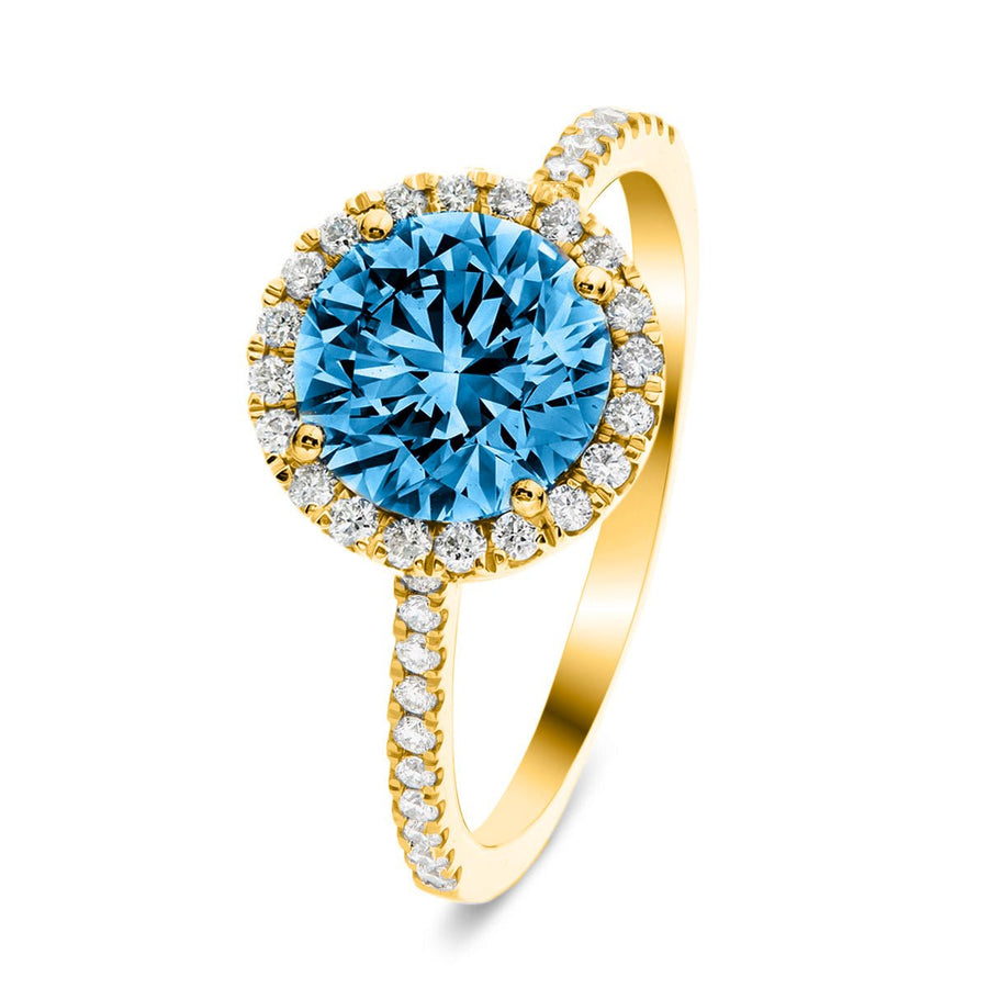 Elsie Blue Lab Round Diamond Halo Engagement Ring 3.00ct in 18k Yellow Gold - After Diamonds