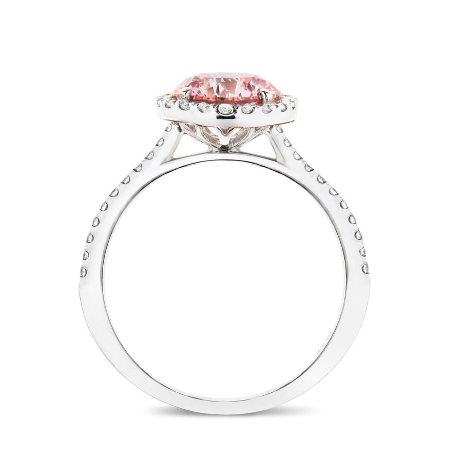 Elsie Pink Lab Round Diamond Halo Engagement Ring 2.50ct in 18k White Gold - After Diamonds