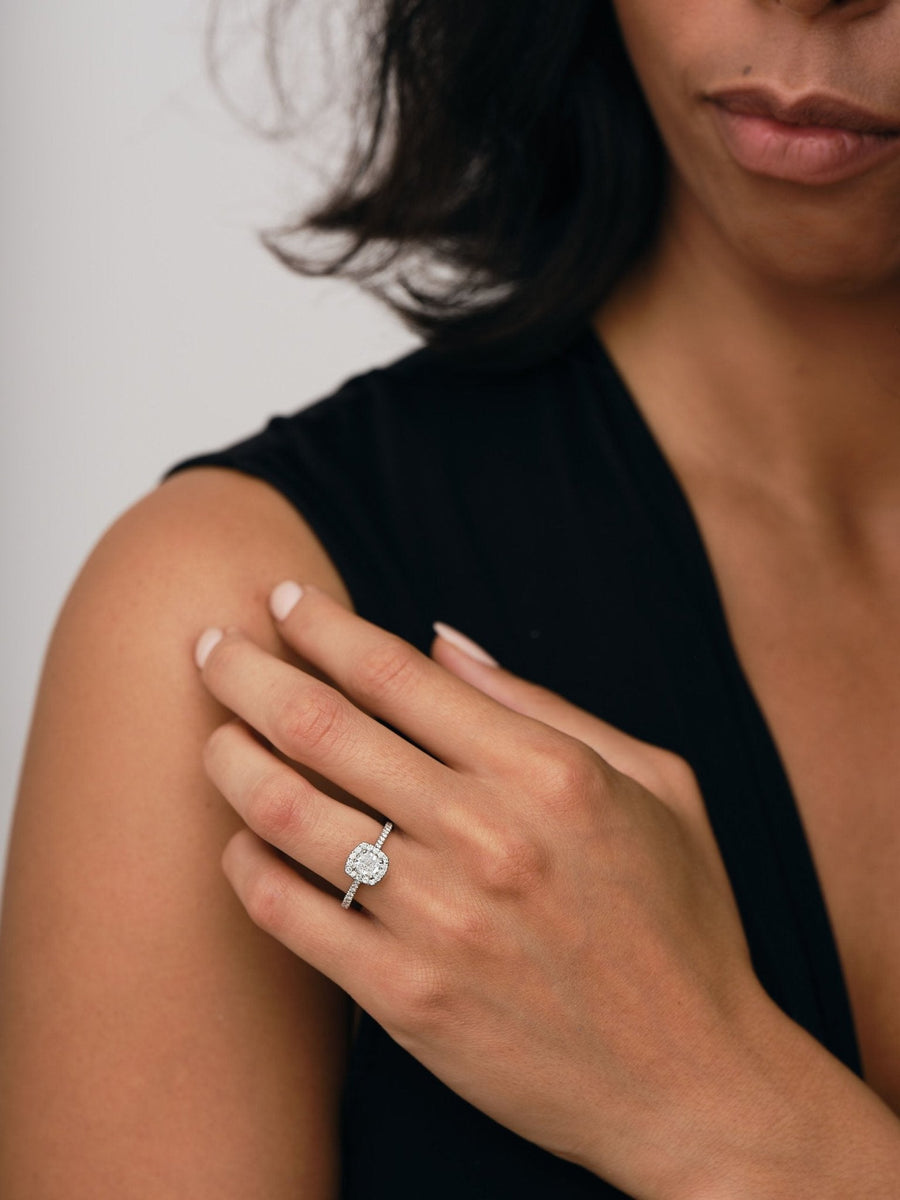 Eva Lab Diamond Halo Cushion Engagement Ring 0.85ct D/VVS in 9k White Gold - After Diamonds