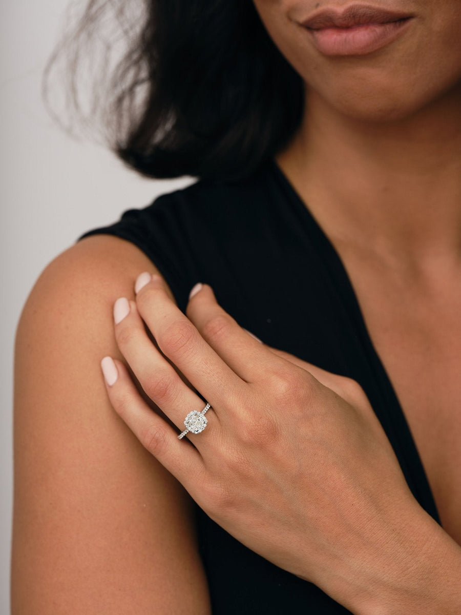 Eva Lab Diamond Halo Cushion Engagement Ring 2.20ct G/VS in 18k White Gold - After Diamonds