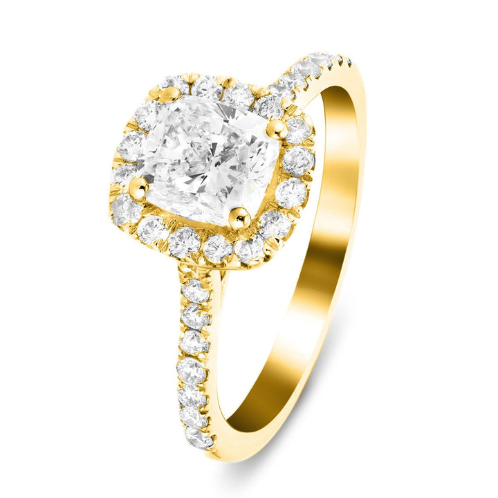 Eva Lab Grown Diamond Halo Cushion Engagement Ring 3.75ctw D/VVS in 18k Yellow Gold
