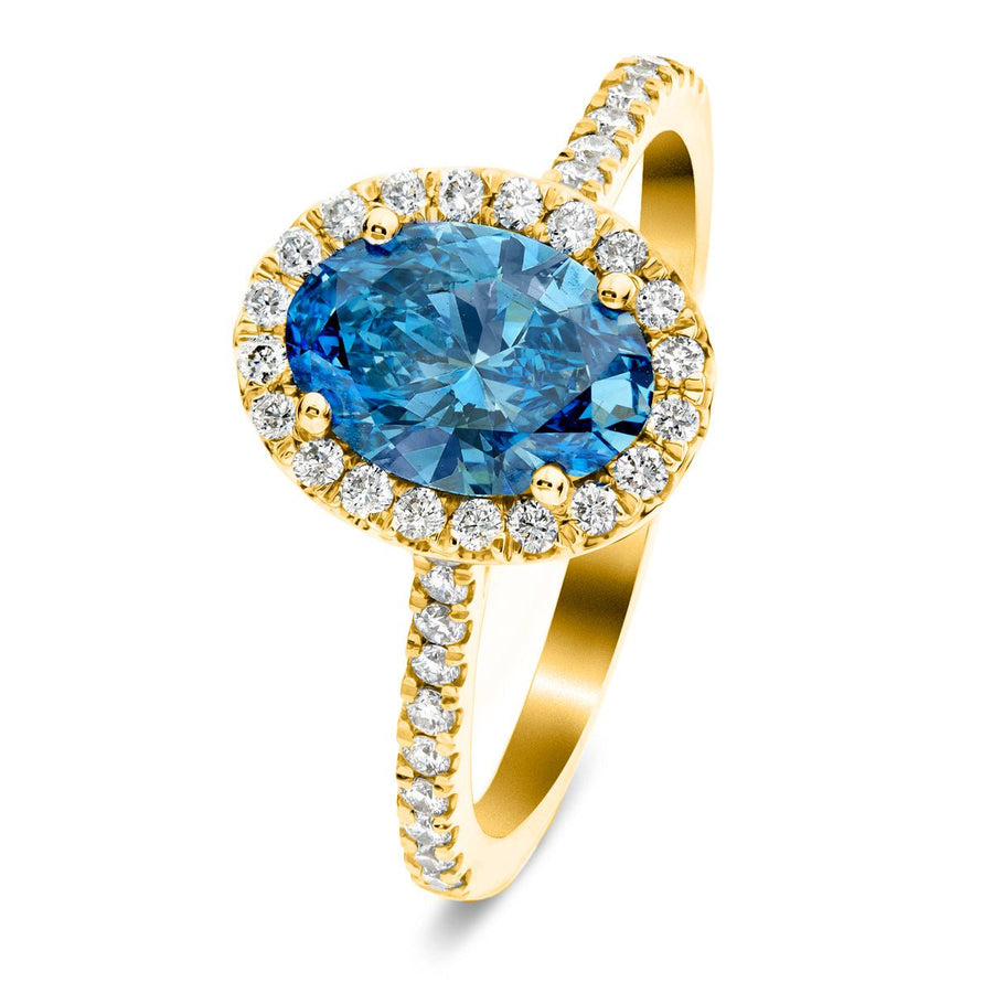 Isla Blue Lab Oval Diamond Halo Engagement Ring 1.00ct in 18k Yellow Gold - After Diamonds