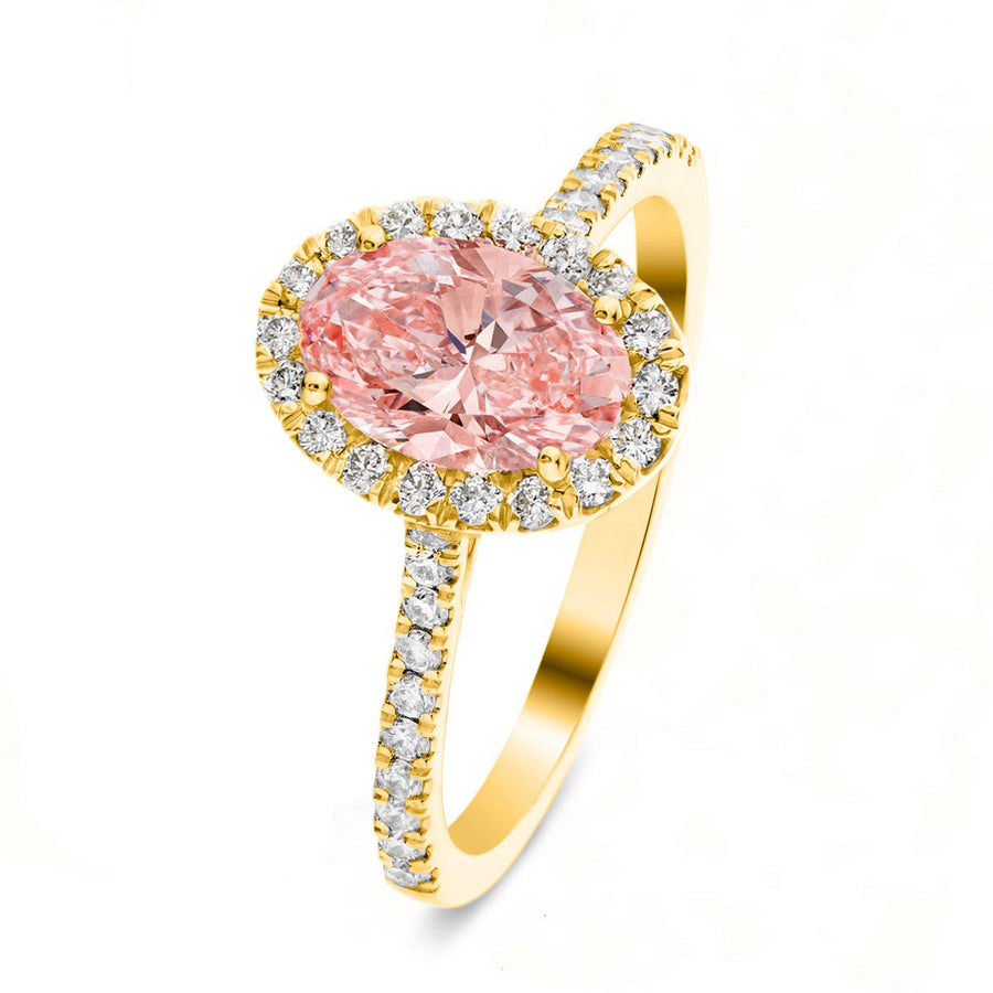 Isla Pink Lab Oval Diamond Halo Engagement Ring 1.00ct in 18k Yellow Gold - After Diamonds