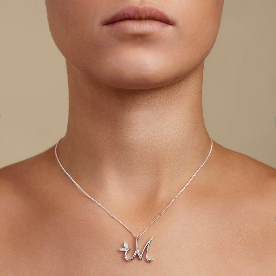 Lab Diamond Initial 'M' Pendant Necklace 0.05ct in 9k White Gold - After Diamonds