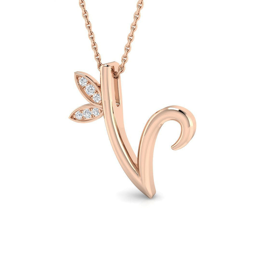 Lab Diamond Initial 'V' Pendant Necklace 0.05ct in 9k Rose Gold - After Diamonds