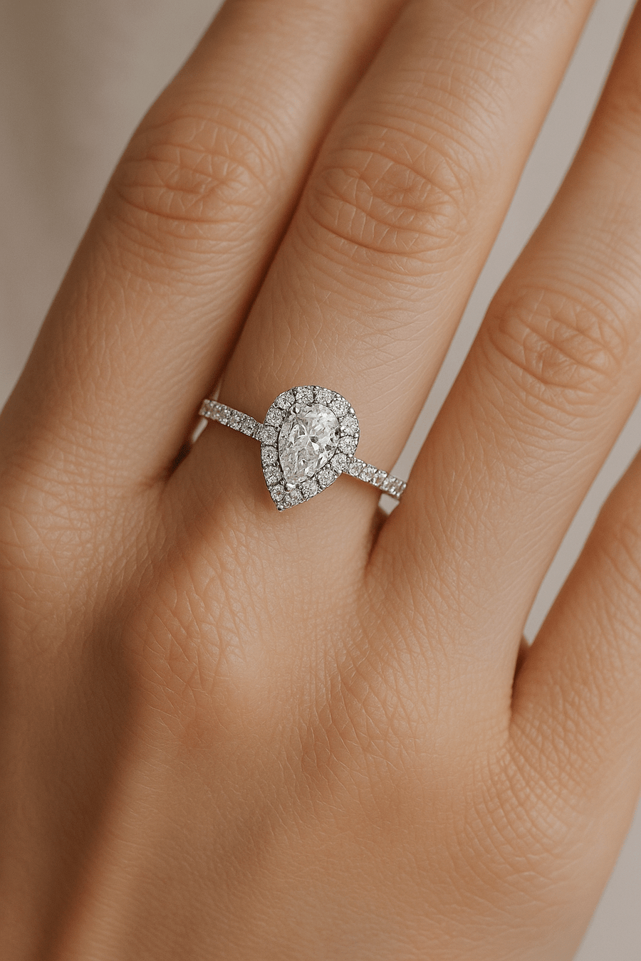 Nancy Lab Diamond Halo Pear Engagement Ring 0.85ct G/VS in 9k White Gold - After Diamonds